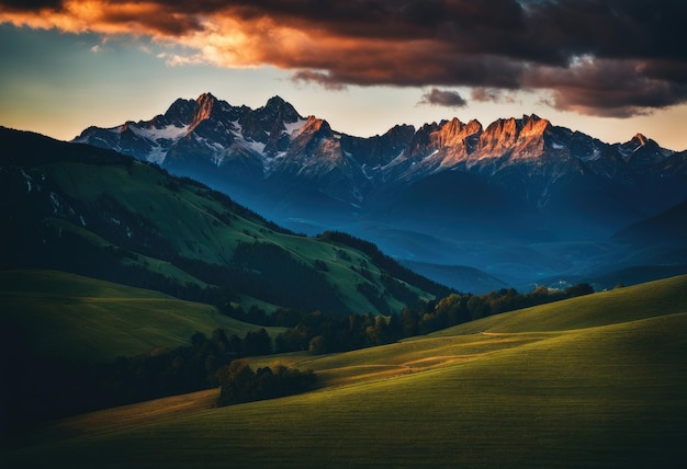 A majestic mountain range at sunset