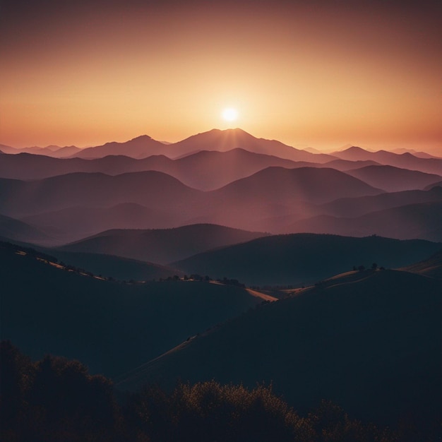 Majestic Mountain Range Tranquil Sunset Silhouette behang