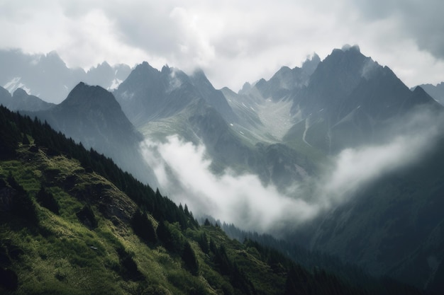 Majestic mountain range with peaks shrouded in mist and clouds created with generative ai