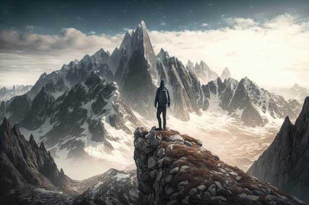 Majestic mountain range with peaks and valleys and man standing on the tallest peak