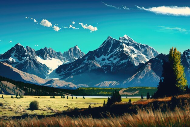 Величественный горный массив с холмистыми лугами и ясным голубым небом