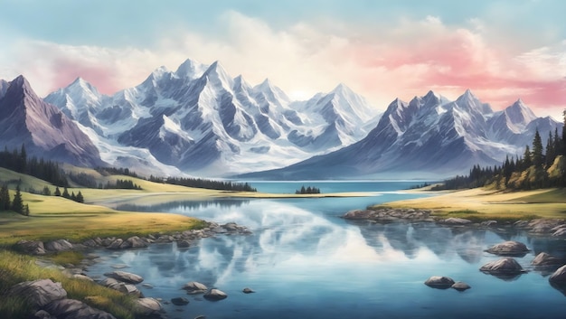 A majestic mountain range with a shimmering lake nestled in its valleys illustration