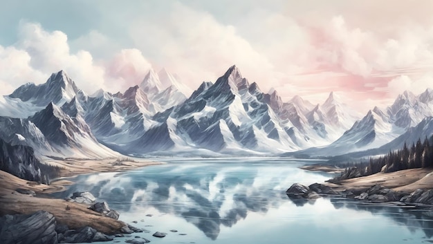 A majestic mountain range with a shimmering lake nestled in its valleys illustration