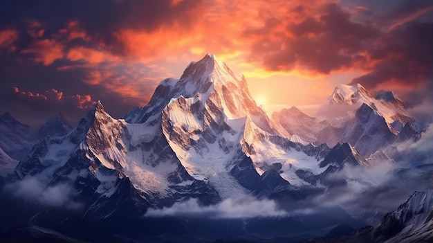 Величественный горный массив со снежными вершинами и раскинувшимися ледниками.
