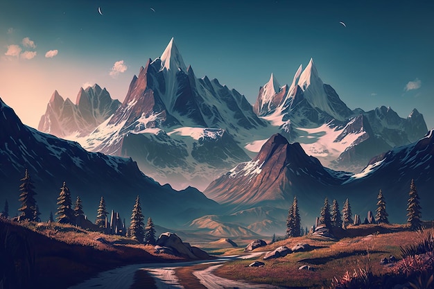 Majestic mountain range with tall peaks and winding trails in the distance