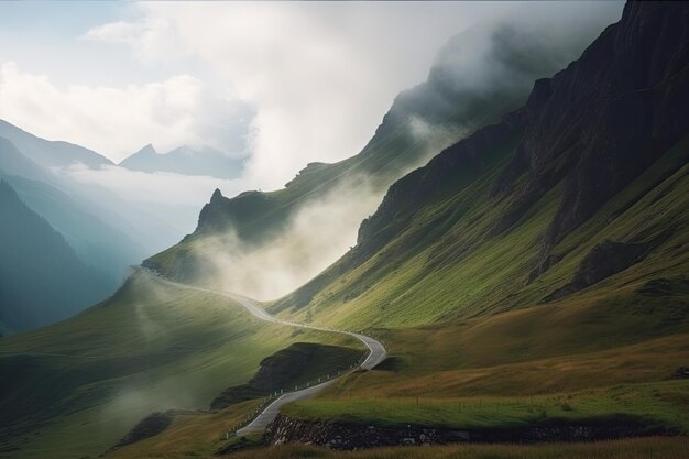 Majestic mountain range with a winding road and misty clouds in the sky created with generative ai