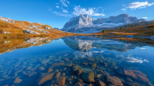 Величественное отражение горы в кристально чистом альпийском озере при заходе солнца с ярким небом и живописным пейзажем