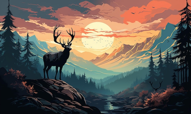 Majestic Mountain Wilderness Deer and Trees Artistry