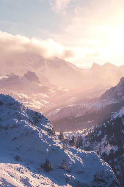 Majestic mountains covered in snow illuminated by a breathtaking sunset