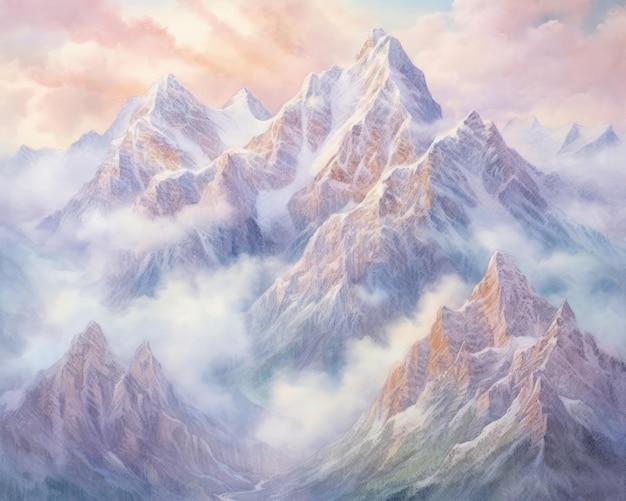 Фото Величественные горы в мягких пастельных тонах, нарисованные акварелью в стиле акварель generative ai