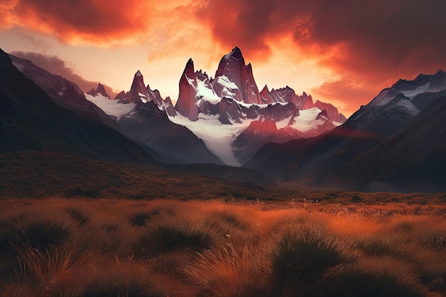 Majestic mountains in sunset with vibrant hues of oranges and reds created with generative ai