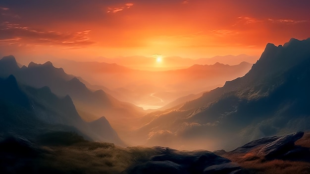 Величественные горные хребты и длинный перевал с волшебным светом и небом на закате сгенерированы Ай