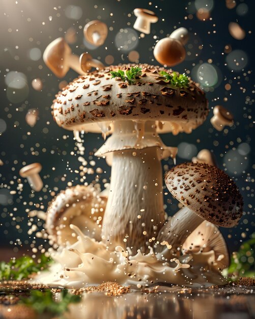 Photo majestic mushrooms in dynamic levitation with spores sprinkling on a moody atmospheric background