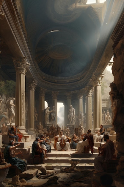 Фото Величественные размышления, раскрывающие древнее великолепие греческого храма, украшенного возвышающимися статуями и