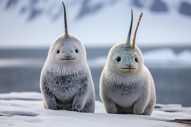 웅장 한 나르 들 은 나선형 이빨 으로 북극 의 얼음 표면 을 도전 하고 있다