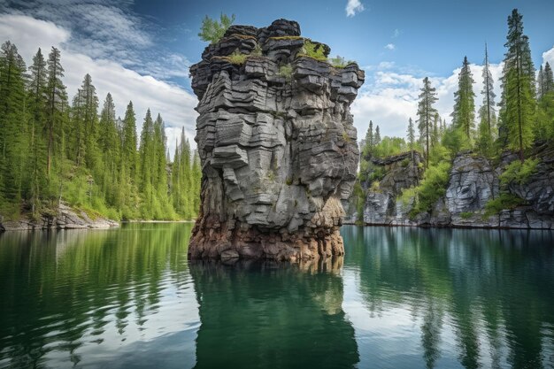 Majestic natural rock formation towering over tranquil lake created with generative ai