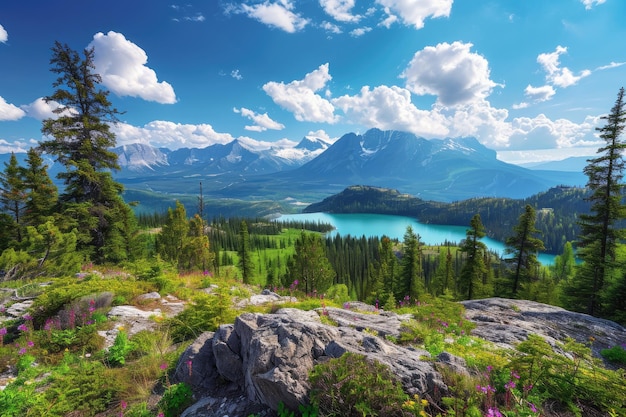 Majestic nature landscape with mountains lakes and vibrant flora Grand nature panorama featuring mountains lakes and lush flora