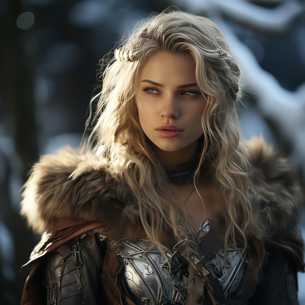雪のファンタの中で大剣を振るう、爪のある傷だらけの顔を持つ荘厳なノルドの戦士金髪の女性