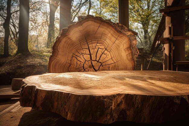 Majestic oak among pine trees piles of logs generative IA