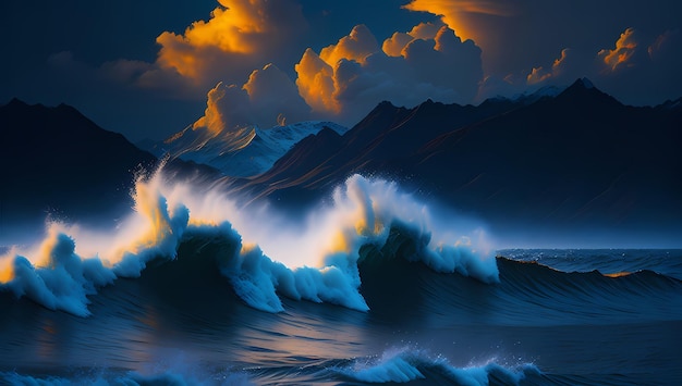 Majestic Ocean Symphony Deep Blue Sky and Vibrant Sea Waves in Red and Blue