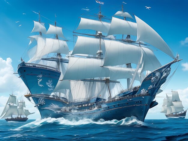 A majestic Ocean Voyager Ship glides through the crystal blue waters of Aigenerated