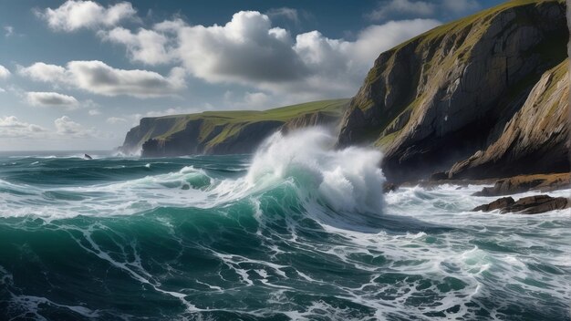 Majestic ocean waves crashing on cliffs