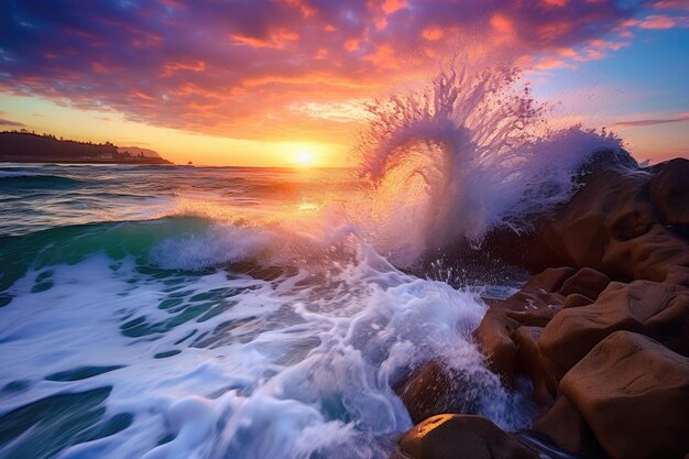 日の出時の雄大な海の波