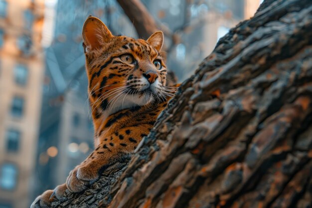 Majestic Ocelot Peering from Behind a Tree Trunk in a Captivating Golden Hour Urban Jungle Setting