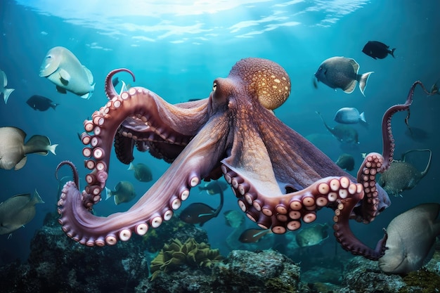 Majestic octopus kraken in the depths of the ocean with schools of fish swimming past