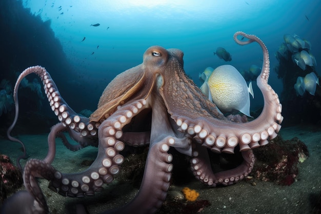 Majestic octopus kraken in the depths of the ocean with schools of fish swimming past