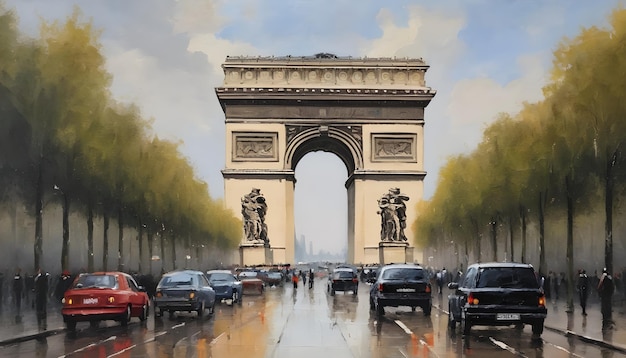 Majestic Oil Painting Depicting the Arc de Triomphe a Parisian Landmark