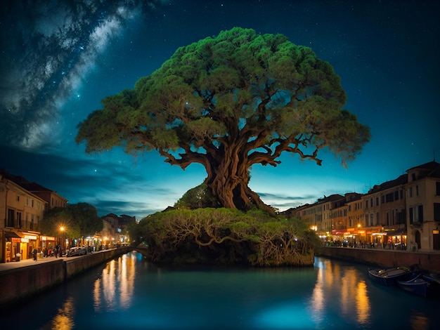 A majestic old tree in a vibrant miniature city