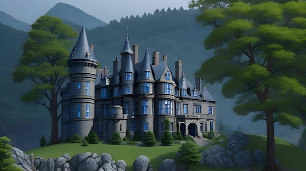 Photo a majestic oldfashioned castle on a top rocky hill surrounded by a thick forest generated by ai