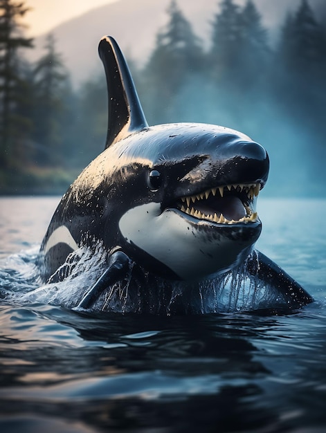 A Majestic Orcas Face Breaking Through the Surface of the Oc Hyper Realistic Illustration Photo Art