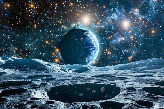 Majestic Outer Space View with Earth like Planet from Moon Surface Cosmic Landscape for Backgrounds