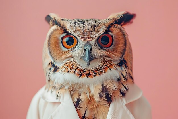 Majestic Owl met piercing oranje ogen op een zachte roze achtergrond
