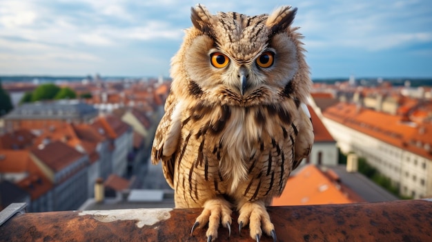 Majestic owl perched atop ancient building at night