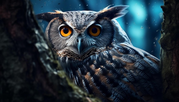 Величественная сова, сидящая на ветви, смотрит пронзительным животным глазом, созданным искусственным интеллектом.