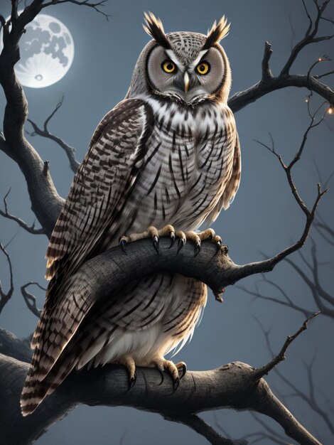 A majestic owl perched on a gnarled tree branch its piercing eyes glowing in the moonlight