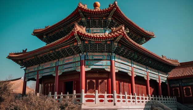 Majestic pagoda roof glows at sunset in Beijing generated by AI
