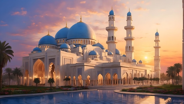 Majestic painting of a grand mosque at sunset showcasing intricate architectural details
