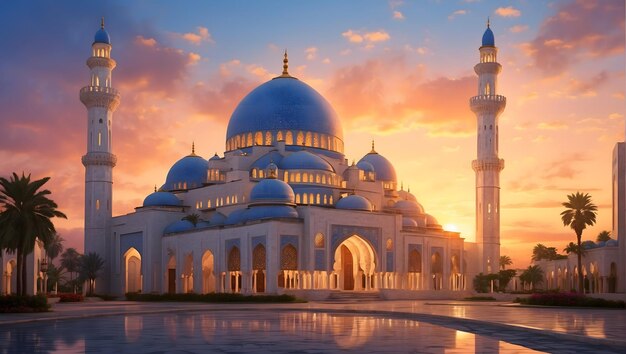 Majestic painting of a grand mosque at sunset showcasing intricate architectural details