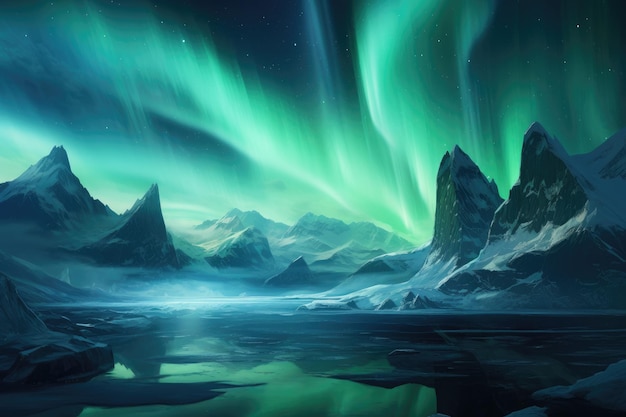 Majestic Painting of a Green and Blue Aurora Borealis Captivating the Night Sky Een poollandschap met glinsterende ijzige gletsjers onder het noorderlicht AI Generated