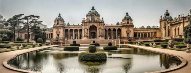 Величественный дворец с фонтанами и статуями Панорамный фон Генеративный AI