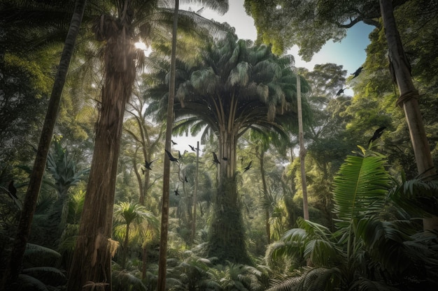 静かな森の中に佇む雄大なヤシ林 自然美生成IA