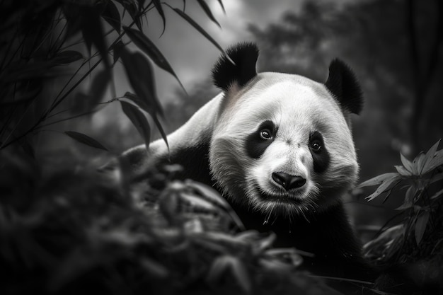 Majestic panda rests among bamboos generative IA