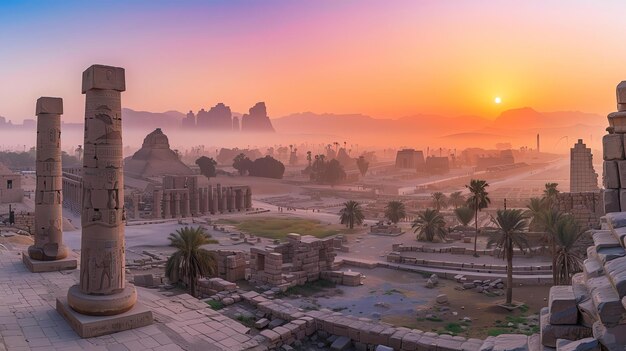 Majestic panoramic view of the ancient Egyptian city of Thebes Luxor with its towering temples and monuments bathed in the warm glow of the setting