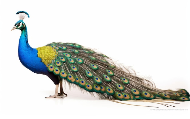 Foto maestoso pavone con le piume blu e gialle