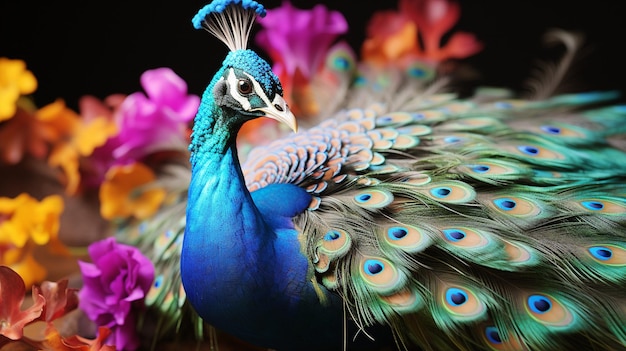 Majestic peacock displaying vibrant multi colored feathers