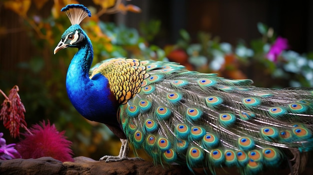 Majestic peacock displaying vibrant multi colored feathers